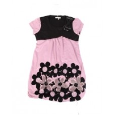 Платье подростковое розовое с черной отделкой, бантом и цветочным узором